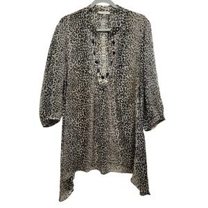Lapagee Maternity Tunic Top Womens 1X Leopard Print Sheer Beaded V-Neck Boho